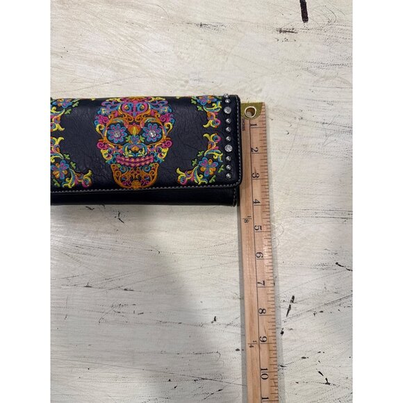 Montana West Color Sugar Skull Embroidered Black Wallet With Rhinestone Accents - Picture 4 of 7